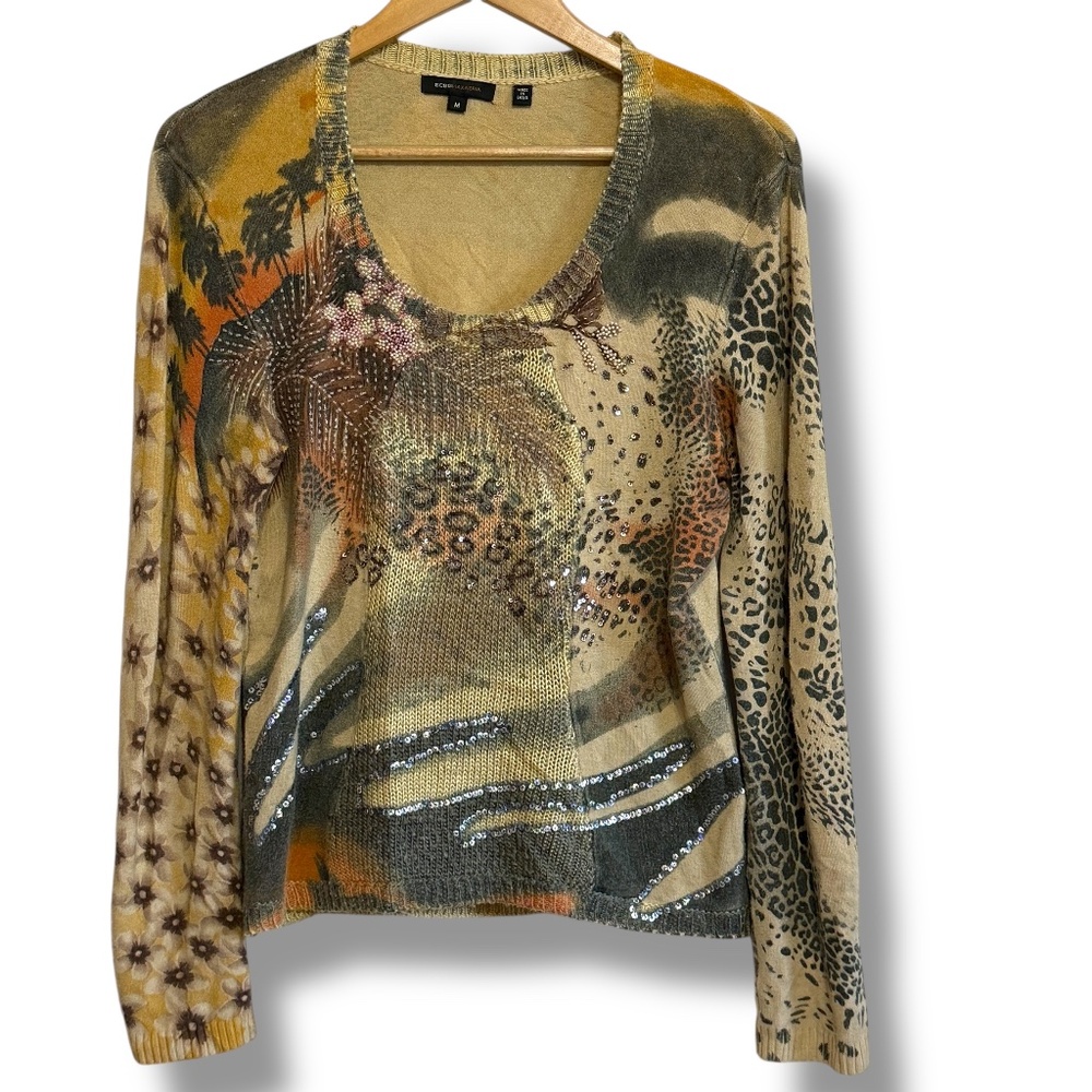 BCBGMAXAZRIA Leopard Print Embellished Sweater Sz M Y2K‎ Mob Wife